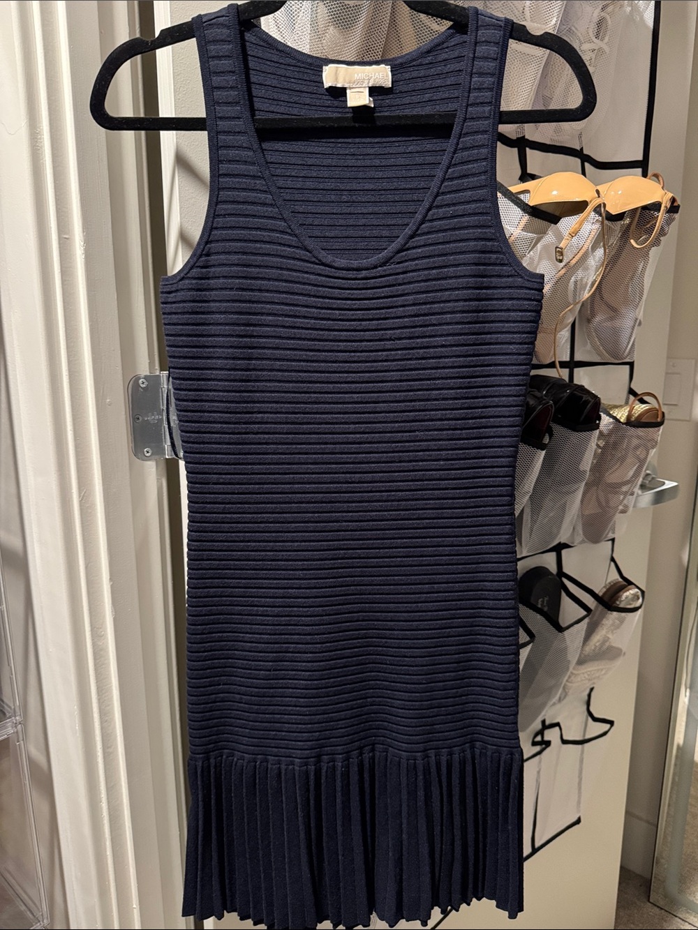 Michael Kors Navy Ribbed Sleeveless Mini Dress with Pleated Hem